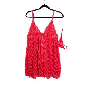 Music Legs Mesh Polka Dot Babydoll And G-String Women Size Q 16-18 D/DD Red Lace